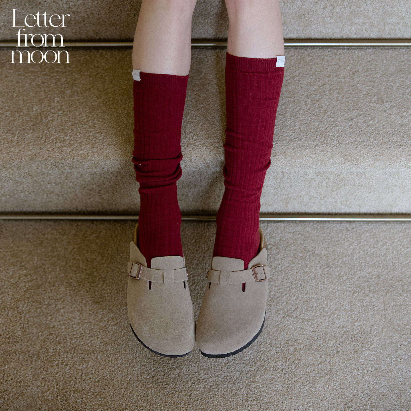 Letter from moon 2025秋季新款酒红色高筒袜灰色柔软少女及膝袜