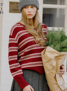 Letter from moon 2025秋季新款拉绒条纹宽松 V 领套头针织衫