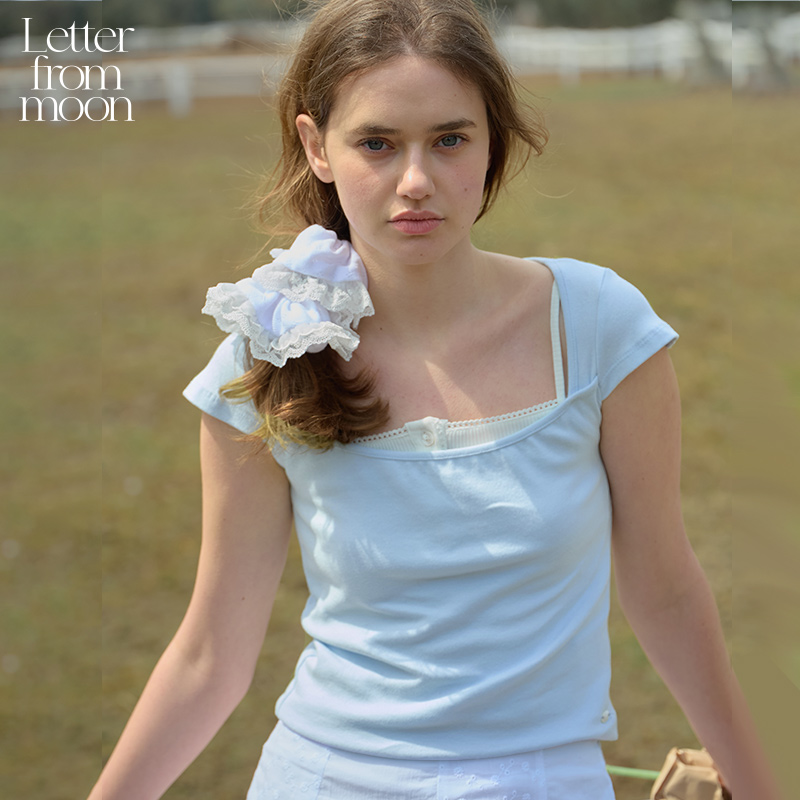 【戚砚笛同款】Letter from moon方领简约短袖2025夏款修身上衣女