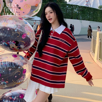 白逸帆、胡连馨同款丨Letter from moon26新条纹撞色翻领宽松卫衣