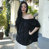 女优雅法式 Letter 上衣 2026新款 露肩收褶松弛宽松衬衫 from moon