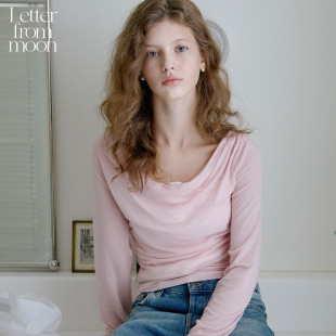 鞠婧祎同款丨Letter from moon25秋款修身长袖T恤一字领露肩上衣