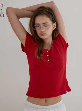 Letter from moon镂空大圆领T恤2025夏季新款纽扣修身显瘦短袖女