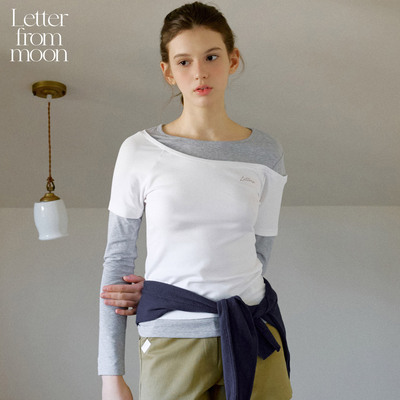 Letter from moon 2026春夏新款假两件露肩长袖 T 恤设计感套头衫