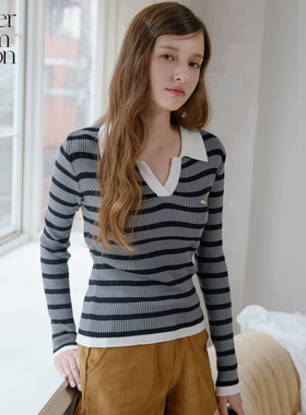 王楚然同款丨Letter from moon条纹修身V领针织衫25秋设计感上衣