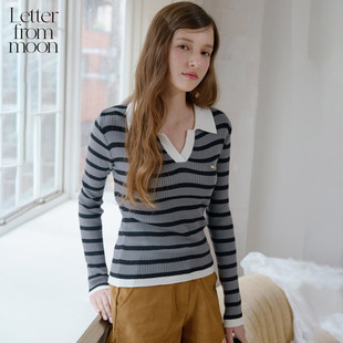 V领针织衫 王楚然同款 moon条纹修身 from 25秋设计感上衣 Letter