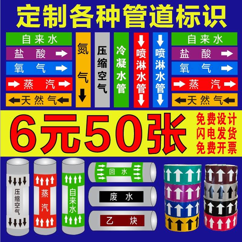 管道标识贴纸流向箭头色环介质贴压缩空气管道标识贴纸天然气管道标签贴工厂消防进回水自来水压缩空然气管路,文具电教/文化用品/商务用品,标志牌/提示牌/付款码,淘宝优惠券,粉丝福利购,淘宝优惠卷