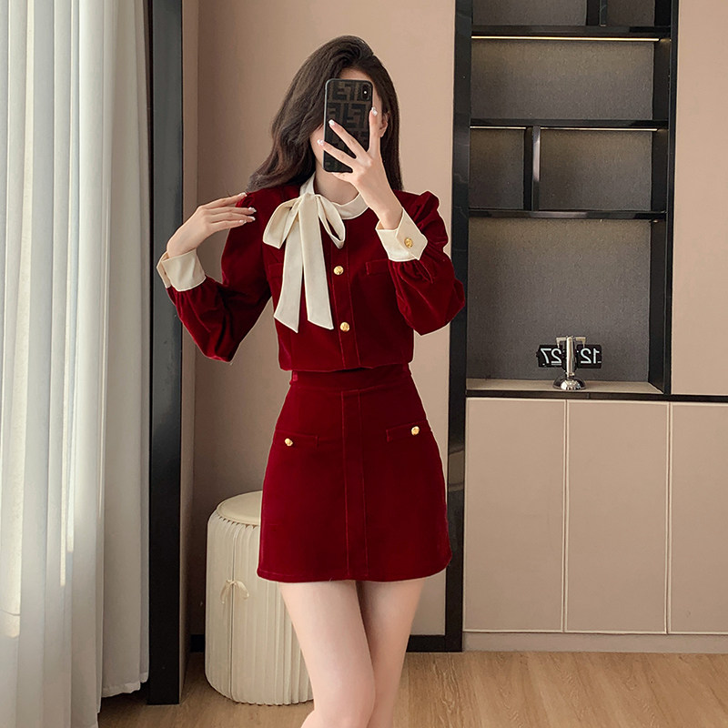 实拍现货小香风大小姐套装法式蝴蝶结丝绒高腰半身裙两件套女,女装/女士精品,时尚套装,淘宝优惠券,粉丝福利购,淘宝优惠卷