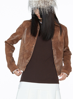 Shapeshifter 反光质感弧线分割短款立领皮衣 棕