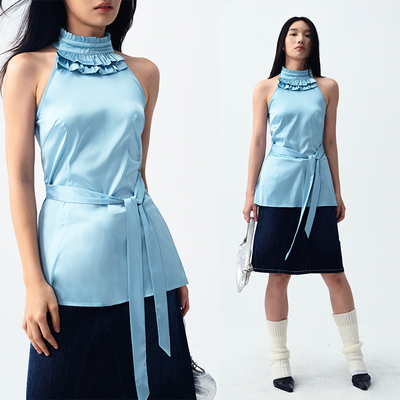 雾霾蓝木耳边挂脖背心法式