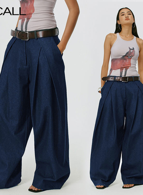 LLCALL 立体廓形工字褶洗水牛仔弯刀长裤