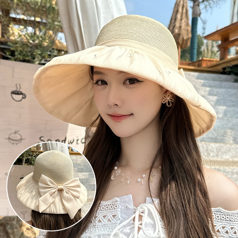 Dorain朵澜夏季新品网纱珍珠大檐防晒珍珠气质草头防紫外线帽子女