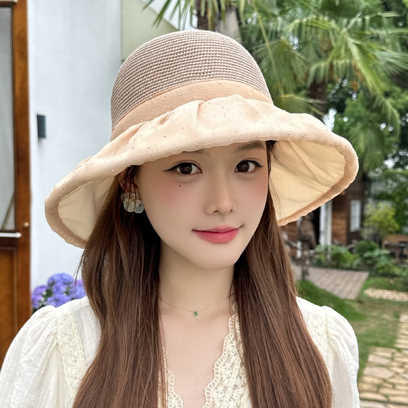 Dorain朵澜新品大檐防晒遮阳帽户外出游帽子烫钻蝴蝶结透气太阳帽
