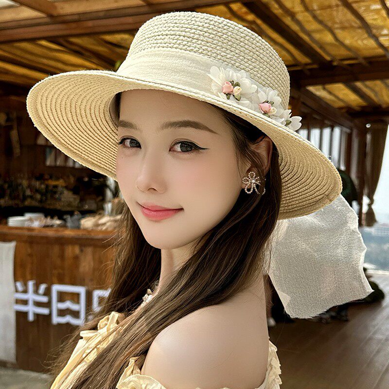 Dorain/朵澜ins小清新夏海边沙滩遮阳帽法式复古飘带花朵平顶礼帽