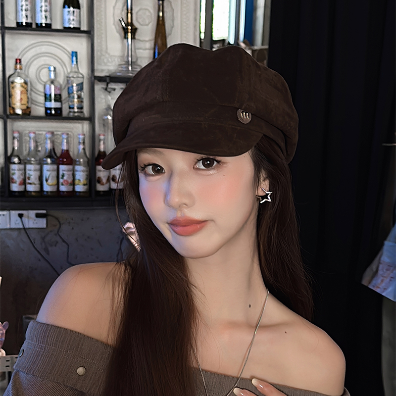 朵澜大头围麂皮绒八角帽女秋冬文艺显脸小画家帽日系百搭贝雷帽子