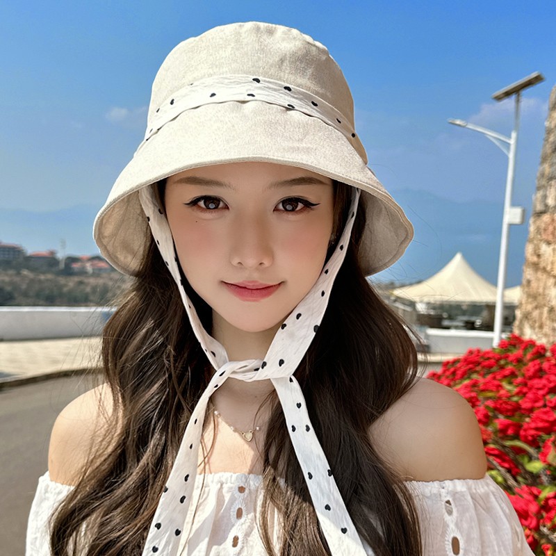 Dorain朵澜夏季韩版波点飘带盆帽显脸小遮阳防晒帽出游百搭帽子女
