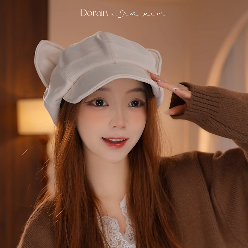 朵澜2025新款可爱猫耳贝雷帽女秋季韩系八角帽子百搭显脸小云朵帽