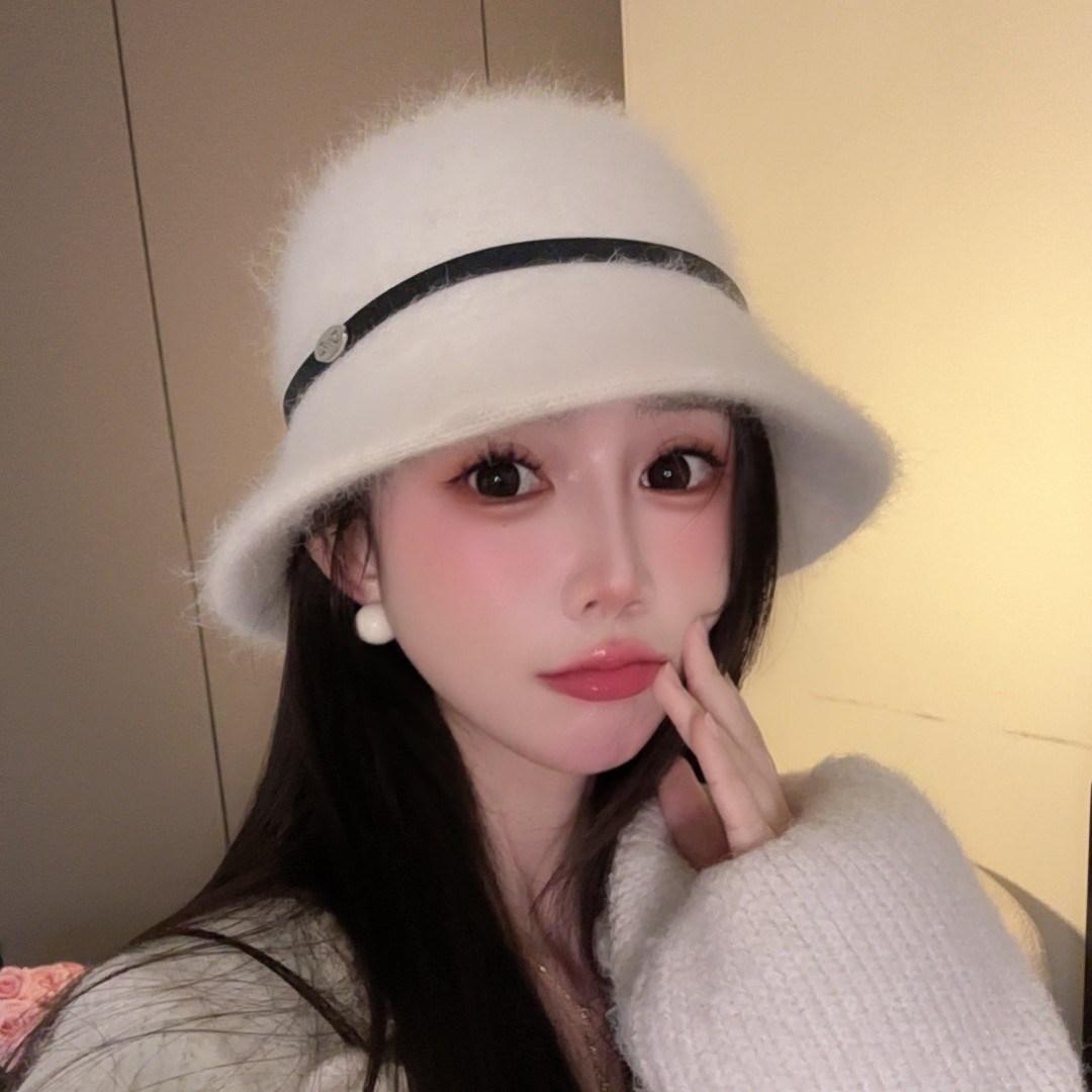 朵澜白色兔毛渔夫帽女秋冬显脸小盆帽保暖大头围百搭气质水桶帽子