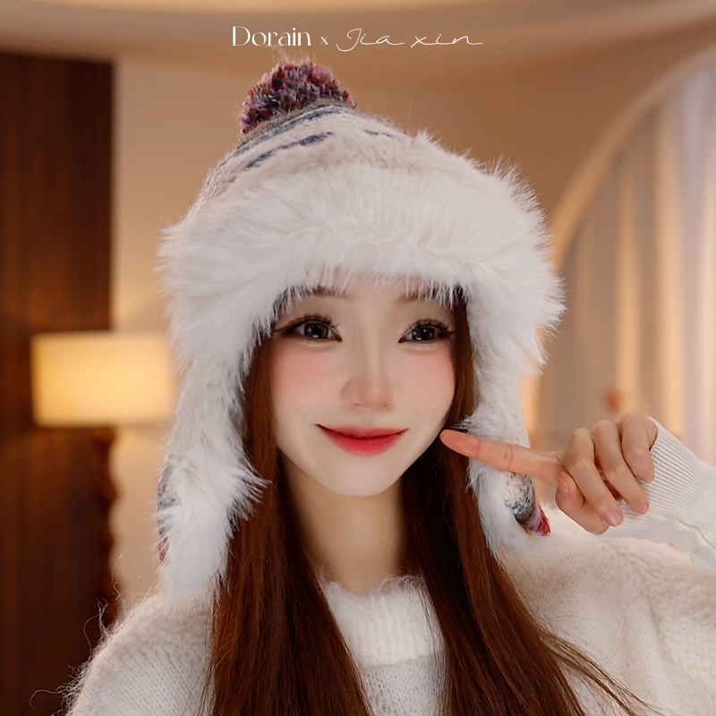 朵澜2025新款彩色条纹毛绒雷锋帽女冬加绒加厚保暖东北帽子显脸小