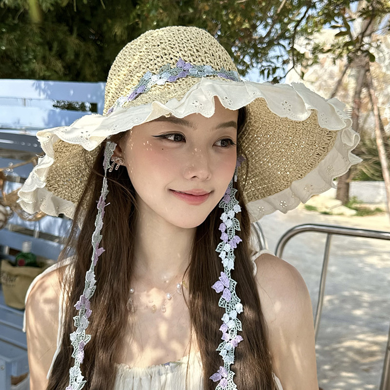 朵澜海边防晒草帽女夏季户外度假遮阳加宽大帽檐沙滩帽花边太阳帽