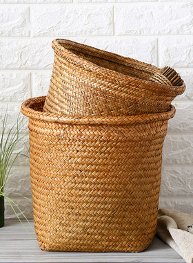 闲储海草田园风编织花盆套垃圾桶废纸篓插花篮画轴篮书法收纳筐