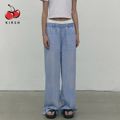 kirsh宽松休闲松紧腰牛仔阔腿裤女夏松弛感轻薄垂坠高腰显瘦长裤