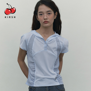 KIRSH天蓝色拼色连帽设计感短袖T恤女夏季轻薄运动休闲修身短上衣
