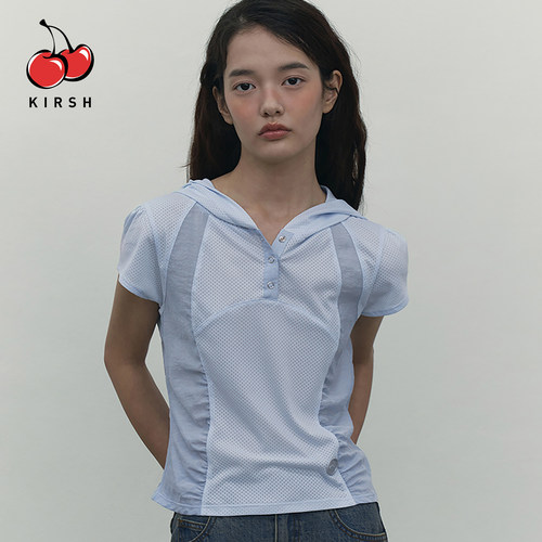 KIRSH天蓝色拼色连帽设计感短袖T恤女夏季轻薄运动休闲修身短上衣