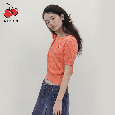 韩国kirsh樱桃 麻花圆领短袖针织衫女夏季新款修身少女短款上衣夏