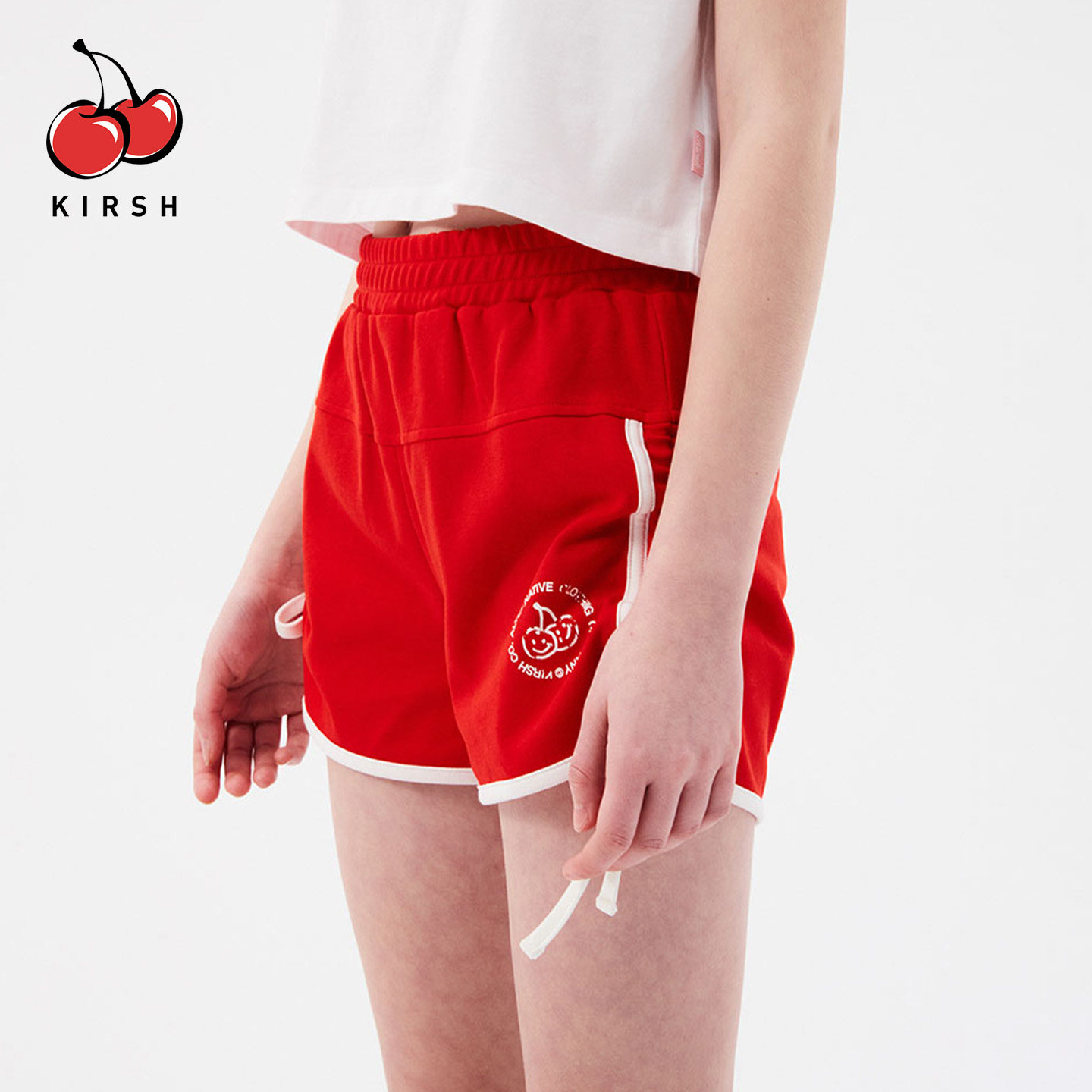 KIRSH樱桃撞色松紧腰美式运动短裤女外穿夏季高腰宽松系带休闲裤