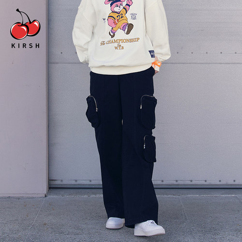 KIRSH多口袋牛仔工装阔腿裤女春秋黑色美式街头休闲拉链直筒长裤