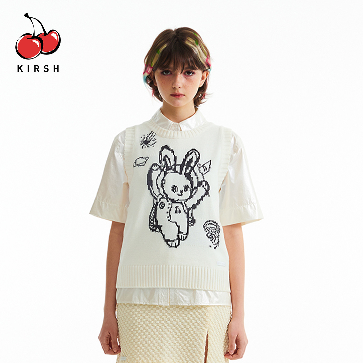 kirsh卡通兔子叠穿针织背心女秋冬韩系ins减龄提花马甲无袖短上衣