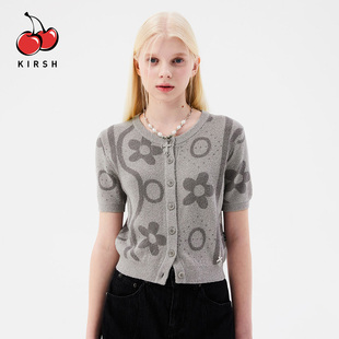 KIRSH撞色提花短袖针织开衫女夏花朵图案甜美洋气减龄收腰短上衣