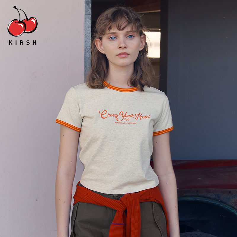 樱桃KIRSH 拼色字母印花短袖t恤女夏季新款甜美显瘦短款韩系上衣