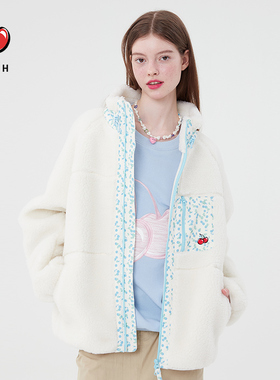 kirsh大樱桃秋冬新款羊羔毛外套女宽松休闲百搭撞色碎花夹克