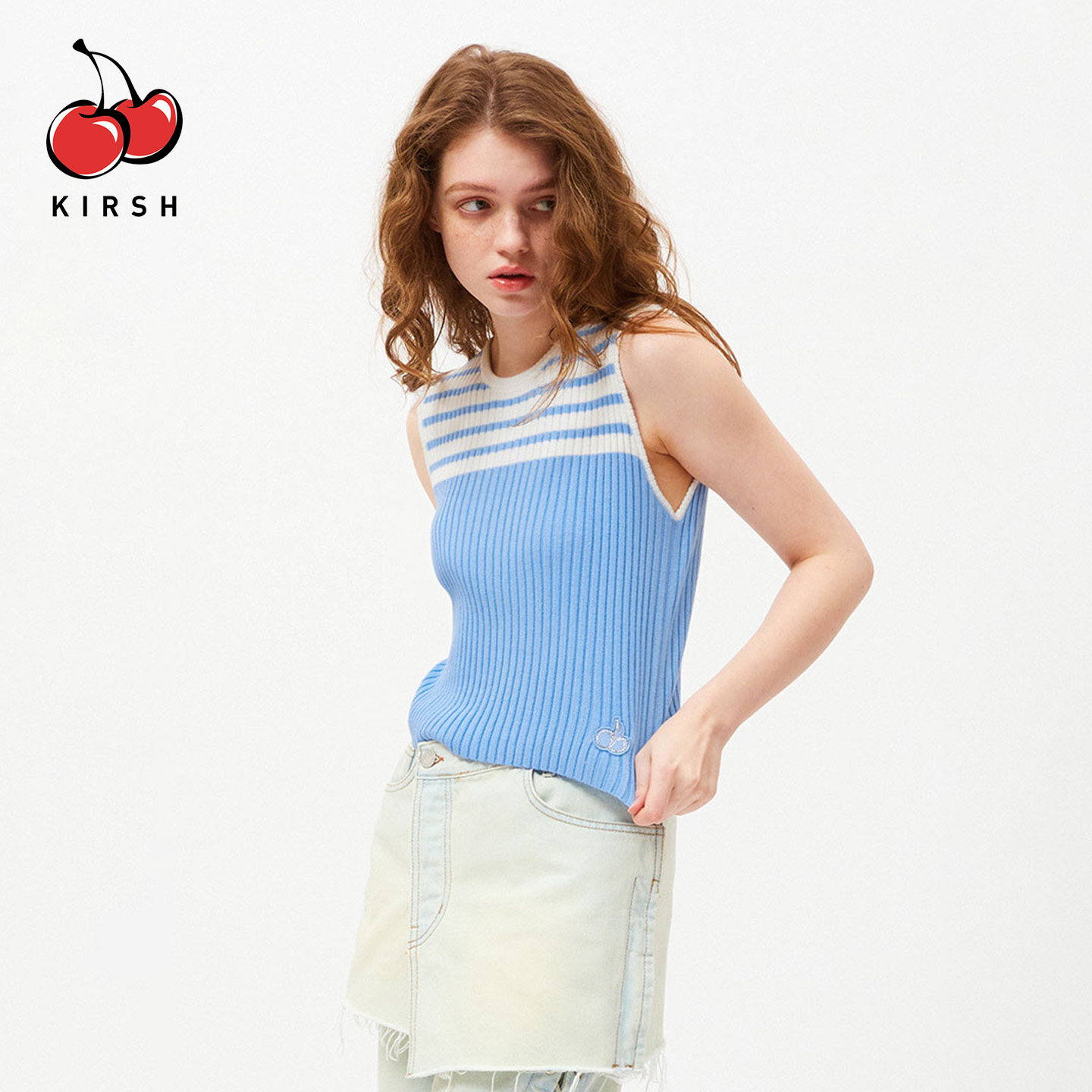 kirsh蓝色撞色条纹针织背心女夏季内搭外穿修身无袖针织衫短上衣图片