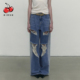 kirsh时髦个性 复古高腰长裤 蓝色破洞设计感阔腿牛仔裤 女春夏美式