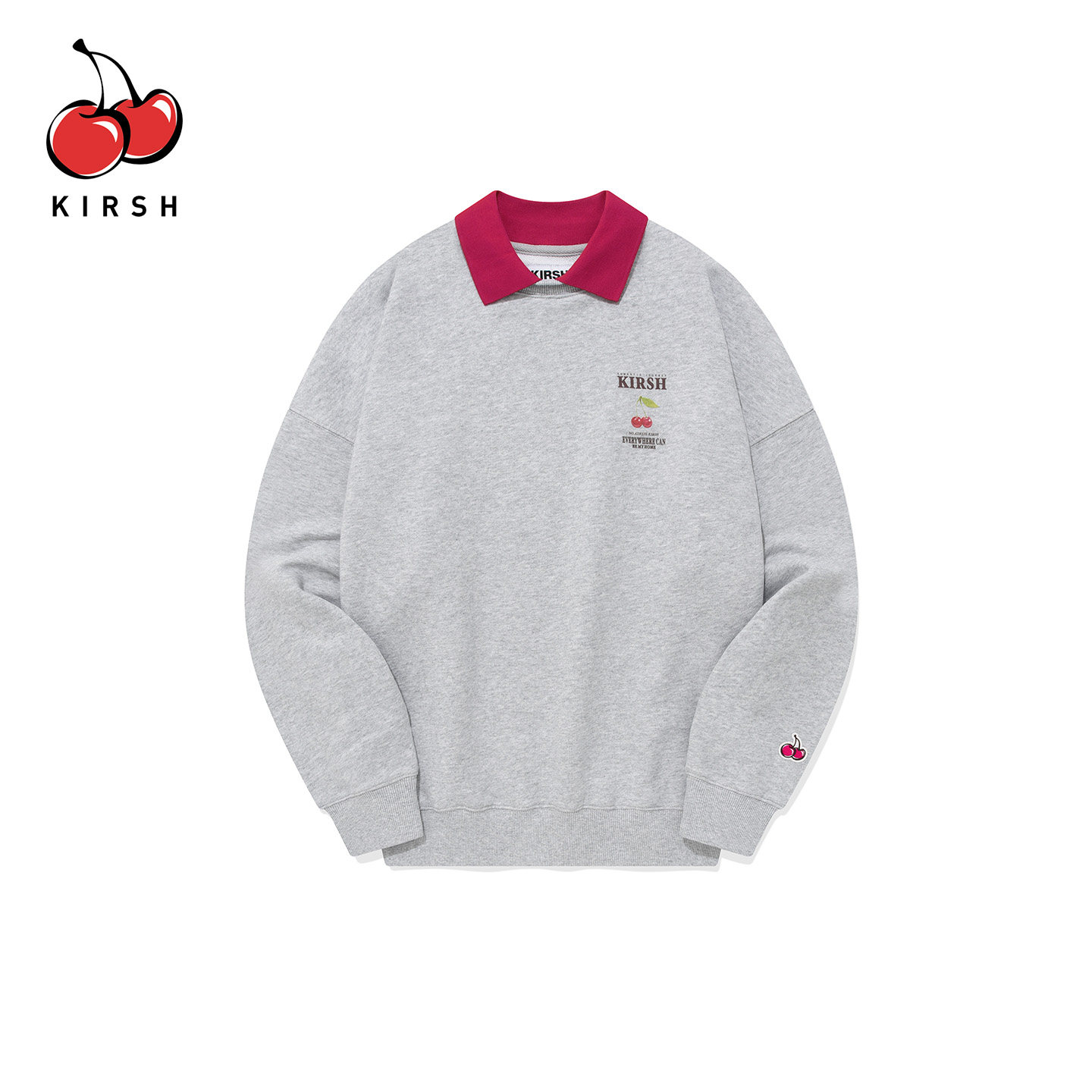 KIRSH樱桃图案撞色Polo翻领灰色卫衣女秋冬宽松休闲潮酷长袖上衣