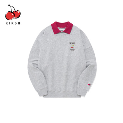 KIRSH樱桃图案撞色Polo翻领灰色卫衣女秋冬宽松休闲潮酷长袖上衣