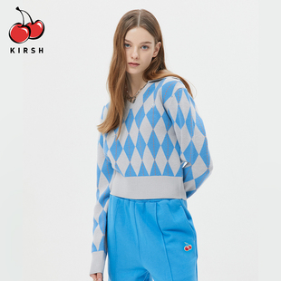 kirsh翻领撞色菱格针织衫女2025秋冬甜美少女V领毛衣学院风短上衣