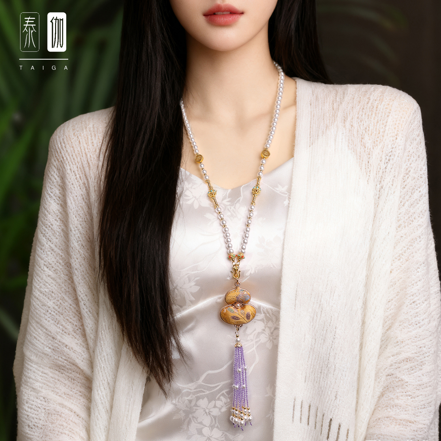 新宋锦葫芦珍珠水晶流苏吊坠项链