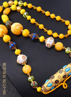泰伽泰国手工多宝佛牌链民族风柠檬黄色仿蜜蜡项链镶嵌花珠藏式