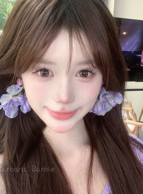 超仙氛围感紫色干枯玫瑰串珠耳环夸张大气甜美耳针海边度假风耳饰