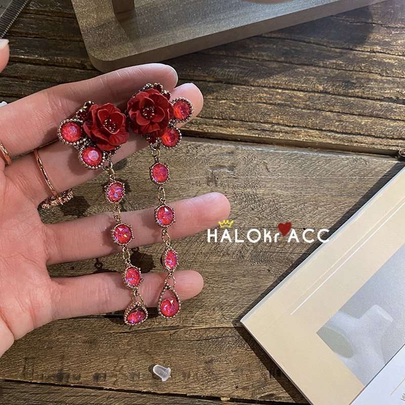 HALOkrACC韩国进口s水晶手工制作显白红玫瑰红水晶长坠耳钉