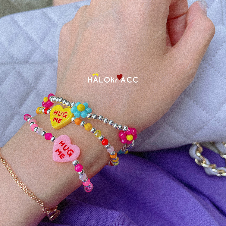 HALOkrACC韩国进口纯银可爱黄粉爱心四叶花亚克力心hugme串珠手链