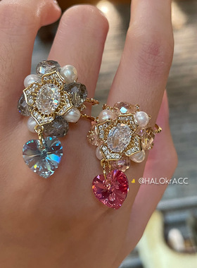 HALOkrACC韩国进口s水晶 清水桃心爱心流光天光青花朵华丽戒指