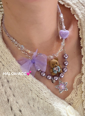 HALOkrACC韩代s水晶 高亮幽光紫色珠光星星胖墩墩小熊轻奢项链