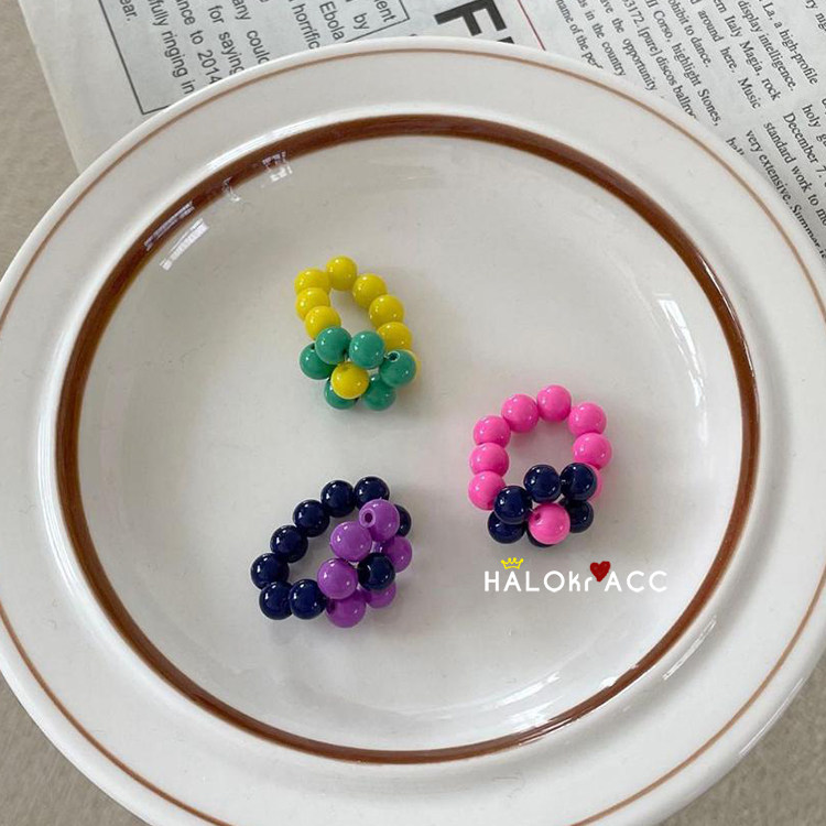 HALOkrACC韩国进口 亮眼撞色粉紫糖豆多巴胺彩色串珠戒指