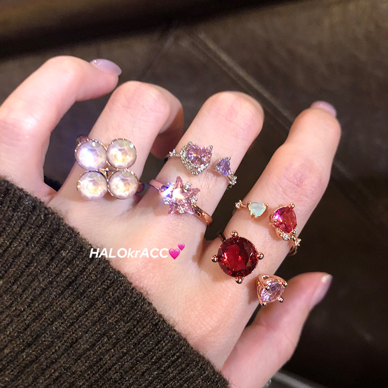 HALOkrACC韩代 水波冰糖水色粉红甜钻爱心水透开口戒指