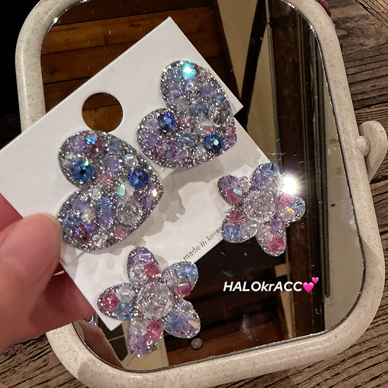 HALOkrACC韩国进口s水晶 璀璨冰晶粉紫透亮星星爱心金属耳钉